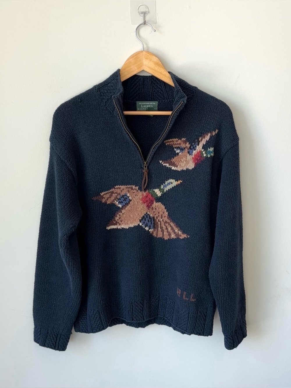 Vintage 90s Lauren Ralph Lauren Mallard Duck Zip Sweater Sz L Hand Knit Intarsia